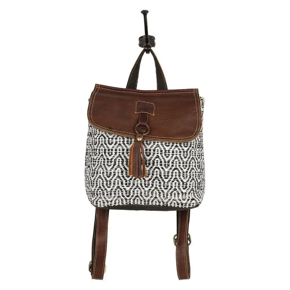 Myra Bag Handmade Leffis Backpack Upcycled Canvas & Cowhide Leather